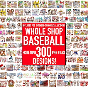 Puede incluir: Una colección de más de 300 diseños PNG con temática de béisbol, que incluyen gráficos con pelotas, bates y texto. Los diseños son de varios colores y estilos, con el texto "WHOLE SHOP BASEBALL" en un gran recuadro rojo.