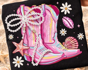 Pearl Bow Cowgirl Boots PNG, Summer Vibes, Howdy Summer Beach Shirt, Western Summer Png, Summer Cowboy Design, Girly Summer Cowgirl Design