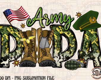 Könnte beinhalten: Digitales Design mit den Worten "Army Dad" in Tarnfarben, einer amerikanischen Flagge, Militärstiefeln, Erkennungsmarken, einer grünen Mütze und einer Granate. Das Wort "Army" ist in grüner Schrift.