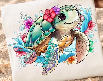 Sea Turtle PNG: Rhinestone Summer Tropical Hibiscus Ocean Sublimation Design, Trending Digital Download