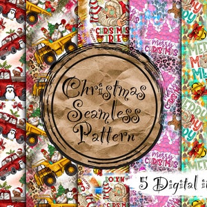 May include: Five digital seamless patterns featuring Christmas themes. The patterns include a red truck with a penguin, a yellow dumper truck with a snowman, a Santa Claus with a Christmas tree, a leopard print background with the words "Merry Christmas", and a blue and green tartan background with the words "Merry Merry Merry".