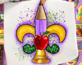 Mardi Gras Fleur De Lis Teacher png, Mardi Gras Teacher Png, Pencil Png, sublimation design,Mardi Gras png,Fleur De Lis Png,Digital download