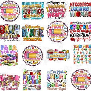 May include: A collection of colorful, circular designs with school-themed text. Each design features a pencil and various phrases like "Nurse," "Educator," "Assistant Principal," and "First Day of School." The designs are surrounded by words like "Reliable," "Loving," and "Compassionate."