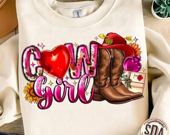 Cowgirl Valentine PNG: Cow Print Boots Sublimation (Digital Download)