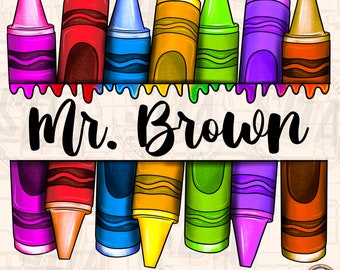 Op de afbeelding: Een sublimatieontwerp met een rij kleurpotloden met de tekst "Mr. Brown" in zwarte cursieve letters.
