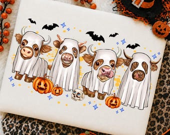 Funny Halloween Highland Cow Png, Spooky Highlander Cow Fall Sublimation Design for Shirt, Cute Pumpkin Trendy Digital Download Dtf Graphic
