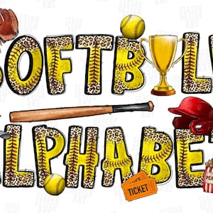 Peut inclure: Une conception colorée sur le thème du softball avec les mots "SOFTBALL" et "ALPHABET" en lettres jaunes avec des motifs léopard. Comprend une batte de baseball, un gant, des balles, un trophée, un casque, un doigt en mousse et des cacahuètes.