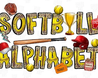 Softball Alphabet Letters PNG Bundle, Alphabet Clipart, Softball Hand Drawn Doodle, Sublimation Alpha Set Designs PNG
