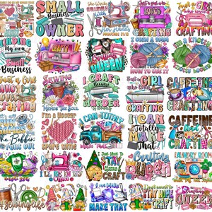 Peut inclure: Une collection de motifs colorés et fantaisistes sur le thème de l'artisanat. Les images comprennent des machines à coudre, de la laine, des gnomes et du texte comme "Crafting Queen" et "I Craft Because". L'esthétique générale est vive et ludique.