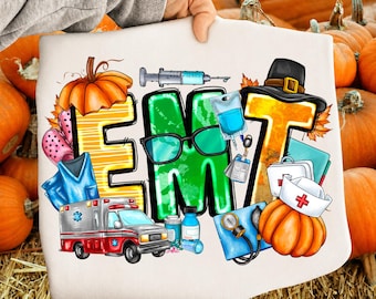 Fall EMT Emergency Medical Technician Png, Fall png, EMT Png, Autumn Png, Nurse Png, Floral Pumpkin Fall Png, Thanksgiving, Fall Cozy Season