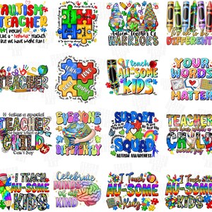 May include: A collection of colorful graphic designs with text related to autism awareness and teachers. Designs include puzzle pieces, crayons, gnomes, and phrases like "Autism Teacher" and "I teach Au-some Kids."