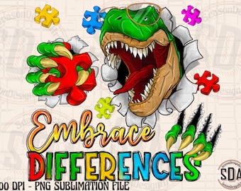 T-Rex Dinosaur Autism Awareness Png Sublimation Design (Digital Download)