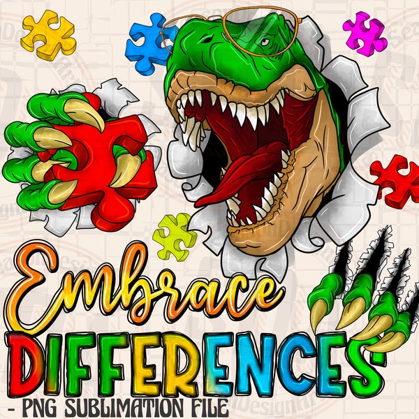 Embrace Differences Autism Awareness png sublimation design download, Autism Awareness png,T Rex Dinosaur Autism, sublimate designs download