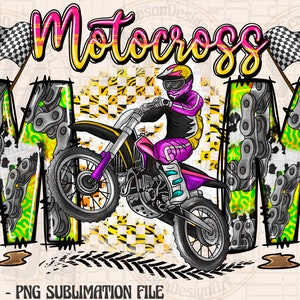 May include: A colorful graphic design featuring a motocross bike with a rider, the words "Motocross Mom" and checkered flags. The background is a green, yellow, and white pattern.
