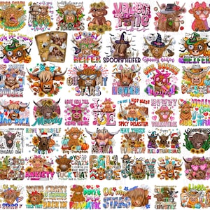May include: A collection of colorful Highland cow-themed designs. Each design features a cartoon cow with various accessories and text, including phrases like "Spooky Heifer," "Oh My Stars," and "Valentine Vibes." The designs are suitable for various products.