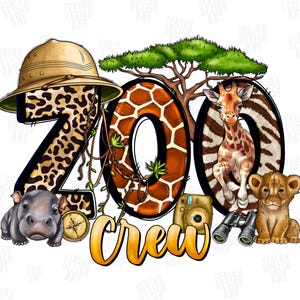 Op de afbeelding: Een digitale illustratie met de woorden "ZOO Crew" en safari-elementen. Bevat een nijlpaard, kompas, camera, verrekijker, een giraffe en een leeuwenwelp. Het cijfer "2" heeft een luipaardprint.