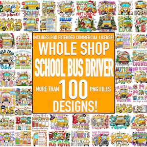 Puede incluir: Una colección de más de 100 diseños PNG con autobuses escolares y temas relacionados. Los diseños incluyen texto como "School Bus Driver", "Back to School" y gráficos temáticos de vacaciones. La imagen tiene una estética brillante y colorida.