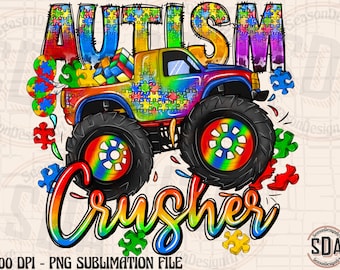 Autism Awareness Monster Truck Crusher PNG: Sublimation Design