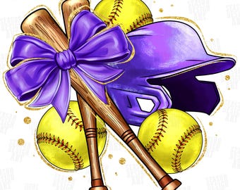 Coquette Softball PNG: Purple Bow Design (Digital Download