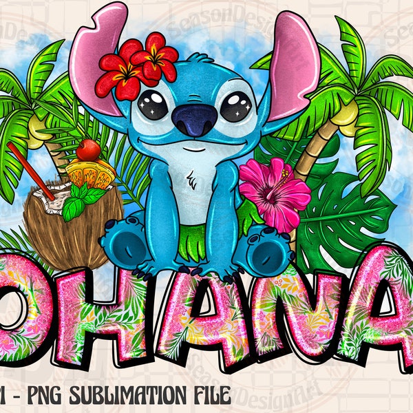 Téléchargement de design pour sublimation Ohana Stitch png, mignon Stitch png, Stitch png dessinés à la main, point floral png, téléchargement de designs sublimés