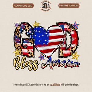 May include: A patriotic design featuring the words "GOD" and "Bless America" in red, white, blue, and gold. The heart-shaped center displays the American flag, with stars and stripes. Leopard print accents the letters.