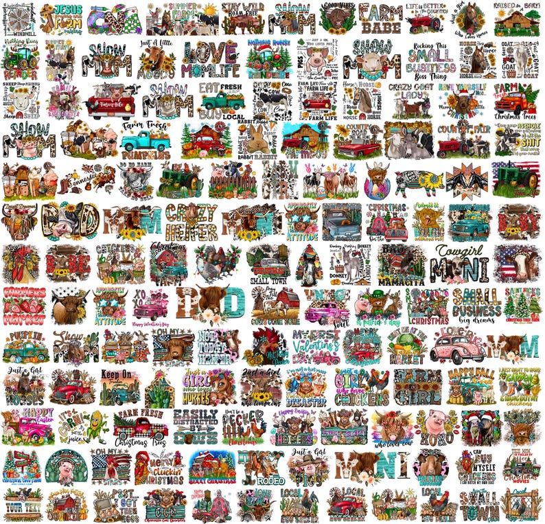 May include: A collage of graphic designs with farm themes, including animals and text. Designs feature cows, pigs, and tractors, with phrases such as "Farm Fresh" and "Crazy Heifer". The color scheme incorporates reds, greens, and browns.