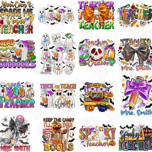 May include: A collection of Halloween-themed teacher designs. The designs feature ghosts, pumpkins, bats, pencils, and books. Text includes "You Can't Scare Me I'm a Teacher", "Read More Books", "Boo Crew", and "Spooky Teacher".