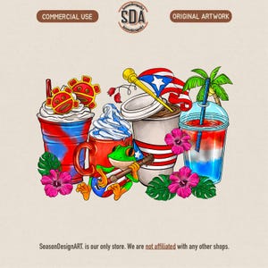 May include: A colorful illustration featuring various beverages, including a red, white, and blue drink with whipped cream and a coffee cup with a Puerto Rican flag. A green frog plays a guitar. Tropical flowers and palm tree accents.
