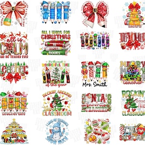 May include: A collection of Christmas-themed designs featuring pencils, bows, and ornaments. The designs include text such as "Teacher," "Santa's Favorite Teacher," and "Rockin' Around the Classroom." The color palette includes red, green, and gold.