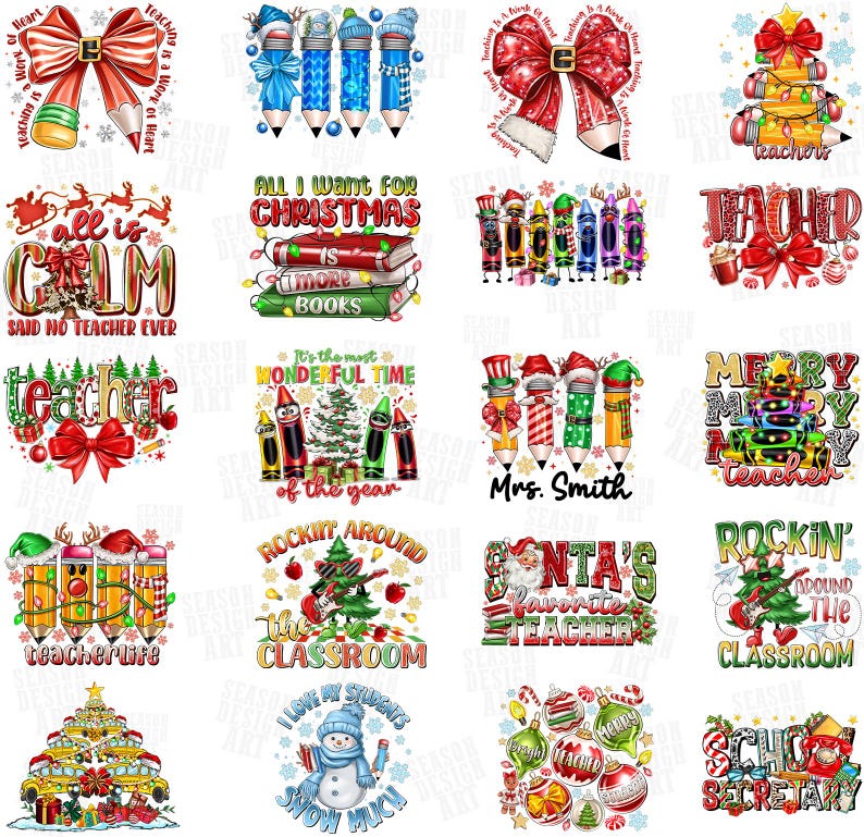 May include: A collection of Christmas-themed designs featuring pencils, bows, and ornaments. The designs include text such as "Teacher," "Santa's Favorite Teacher," and "Rockin' Around the Classroom." The color palette includes red, green, and gold.
