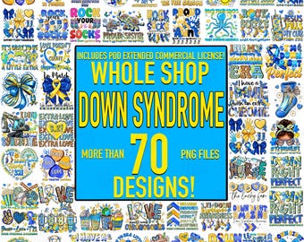 May include: A collection of over 70 PNG designs with a blue and yellow theme, centered around Down Syndrome awareness. The designs include text and graphics, such as bows, hearts, and socks, with phrases like "Rock Your Socks" and "Extra Love".