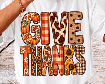 Give Thanks PNG Thanksgiving Hand Drawn Doodle Whimsical Three Frames Bow Preppy Brush Stroke Fall Retro Trendy Sublimation 2026