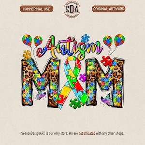 May include: A colorful graphic design with the word "Autism" in rainbow colors above the letters "M & M". The letters are filled with puzzle pieces and leopard print. The design includes a ribbon, butterflies, and puzzle piece balloons.