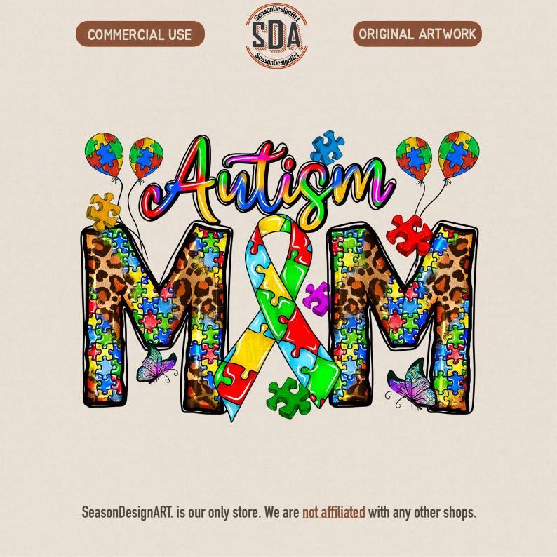 May include: A colorful graphic design with the word "Autism" in rainbow colors above the letters "M & M". The letters are filled with puzzle pieces and leopard print. The design includes a ribbon, butterflies, and puzzle piece balloons.