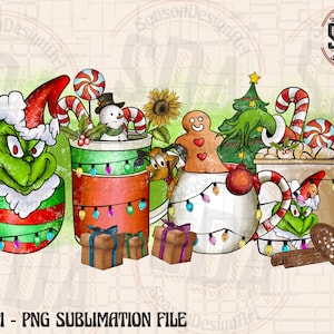 May include: A whimsical Christmas-themed design featuring mugs filled with festive characters and treats. The mugs showcase the Grinch, a snowman, a gingerbread person, and a Christmas tree, adorned with candy canes, lights, and gifts. The design is a PNG sublimation file.