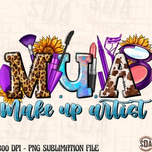 May include: A colorful graphic design with the word "MUA" in large letters, surrounded by makeup brushes, lipstick, and other makeup items. The text "make up artist" is below the word "MUA".