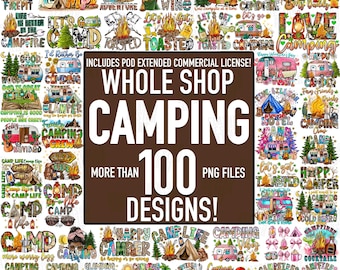 Peut inclure: Une collection numérique de plus de 100 motifs PNG sur le thème du camping. Les motifs comprennent des feux de camp, des caravanes et des phrases liées au camping. L'image a un fond marron avec les mots "WHOLE SHOP CAMPING" en grandes lettres blanches.