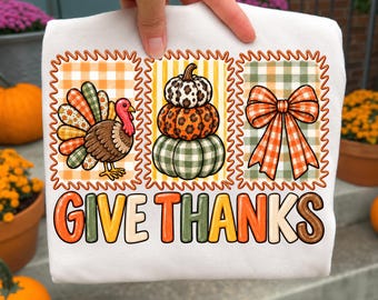 Coquette Give Thanks PNG Thanksgiving Hand Drawn Doodle Whimsical Three Frames Bow Preppy Brush Stroke Fall Retro Trendy Sublimation 2026