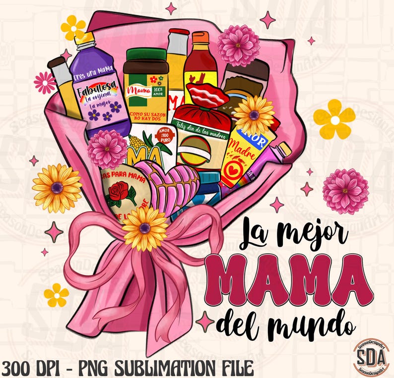 May include: A pink floral bouquet with a variety of colorful flowers and a variety of packaged goods. The bouquet has a pink ribbon and the text "La mejor MAMA del mundo" is written on the bottom of the bouquet.