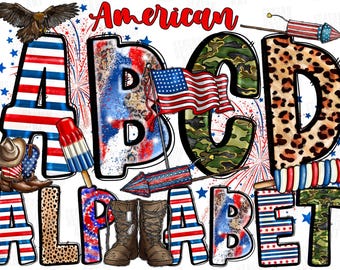Patriotic Doodle Alphabet Bundle, 4th of July PNG Letters, Numbers & Accessories, Red White Blue Sublimation, Flag Alphabet, American PNG