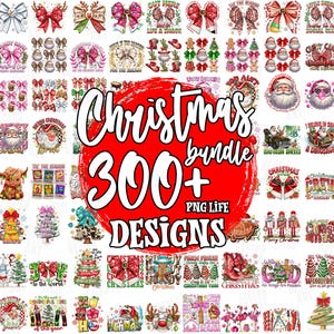 May include: A collection of Christmas-themed designs, including bows, Santa Claus illustrations, and festive text. The central image features the text "Christmas bundle 300+ designs" in a bold, white font against a red background. Various holiday graphics are arranged around the central image.