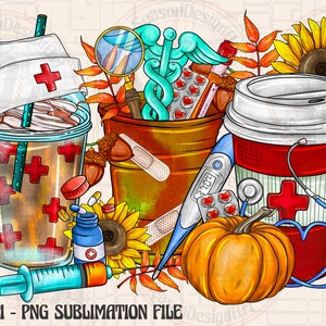 May include: A digital design featuring a coffee cup, a to-go cup, a bucket, a sunflower, a pumpkin, a syringe, a thermometer, and a stethoscope. The coffee cup and to-go cup have red crosses on them. The bucket has a red cross and a bandage on it. The sunflower has a red cross on it. The pumpkin has a red cross on it. The syringe has a red cross on it. The thermometer has a red cross on it. The stethoscope has a red cross on it. The design is in a fall theme with fall leaves and a sunflower. The text "300 DPI - PNG SUBLIMATION FILE" is at the bottom of the design.