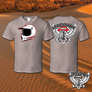 May include: Gray t-shirt with a white helmet graphic on the front and a winged tire graphic with the text "Legendary Native Society" on the back.