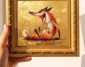 Handgemaltes Mini-Ölgemälde mit Blattgold: Fuchs – Original-Tierkunst für Zuhause, einzigartiges Geschenk für Tierliebhaber, besonderes Weihnachtsgeschenk