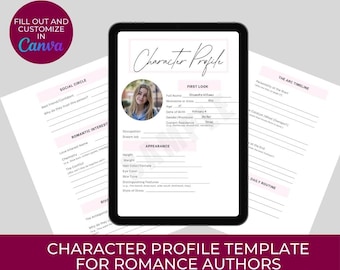 Plantilla definitiva de perfil de personaje / Planificador de novelas para escritores de ficción / Hoja de trabajo estética de Canva / Hoja de desarrollo de personajes / Romance