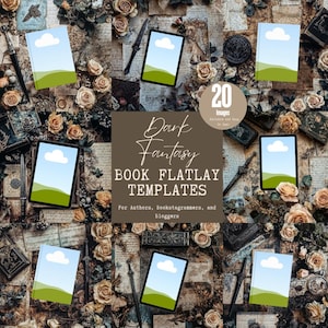 May include: 20 dark fantasy book flatlay templates for authors, bookstagrammers, and bloggers. The image shows a variety of book covers with a dark fantasy theme, set against a background of roses, old books, and other vintage items.