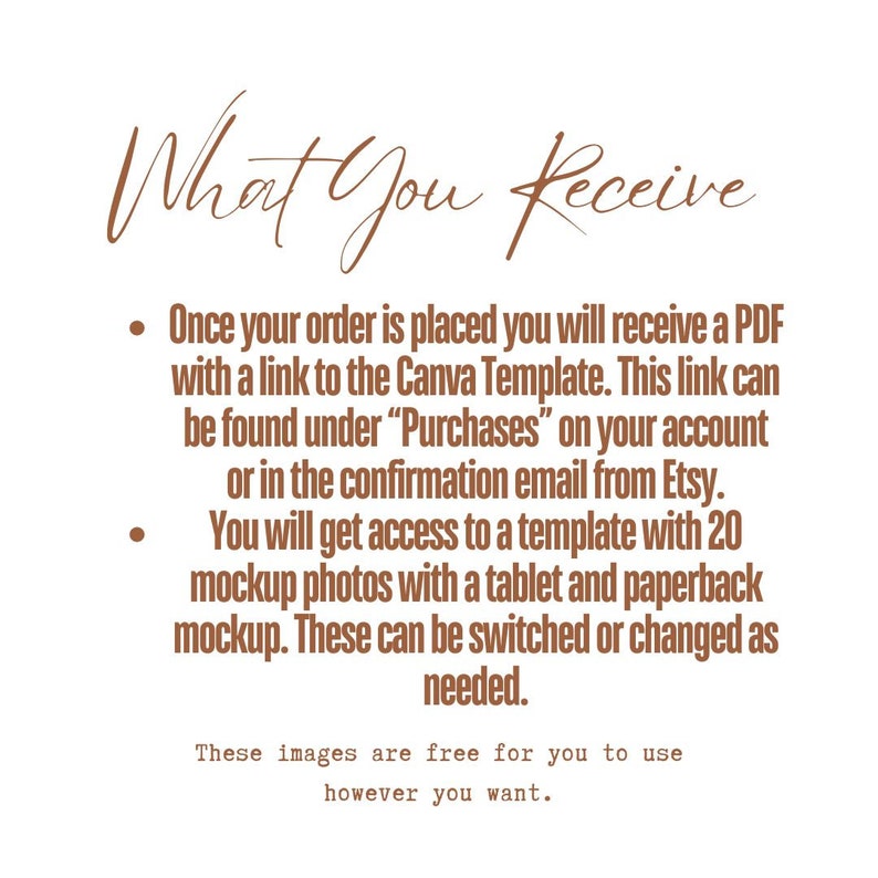 Op de afbeelding: Tekst op een witte achtergrond die "What You Receive" luidt, gevolgd door een lijst met items die je ontvangt bij de aankoop van een Canva-sjabloon. De lijst bevat een PDF met een link naar het Canva-sjabloon, toegang tot een sjabloon met 20 mockup-foto's en gratis afbeeldingen om te gebruiken.
