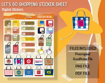 Puede incluir: Una hoja de pegatinas digitales con una variedad de pegatinas con temática de compras. Las pegatinas presentan diferentes logotipos de tiendas, frases relacionadas con las compras y signos de dólar. La hoja se titula "Let's Go Shopping Sticker Sheet" e incluye el texto "Digital Stickers".