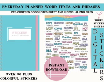 Pegatinas de palabras del planificador: frases de texto coloridas, Goodnotes PNG (descarga digital)