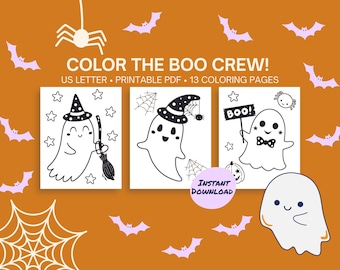 May include: A set of 13 printable coloring pages featuring cute ghosts in various Halloween costumes. The text "COLOR THE BOO CREW!" and "US LETTER PRINTABLE PDF 13 COLORING PAGES" is at the top of the image. One ghost is wearing a witch's hat and holding a broom, another is holding a sign that says "BOO!" and the third ghost is wearing a bow tie.